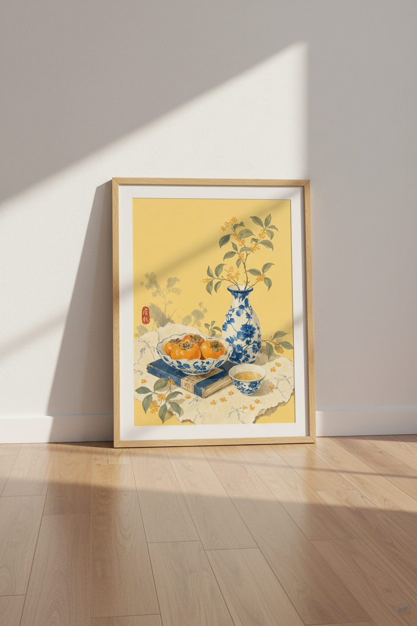 Persimmon Still Life | Japanese Watercolor Print, Blue &amp; White Porcelain Art