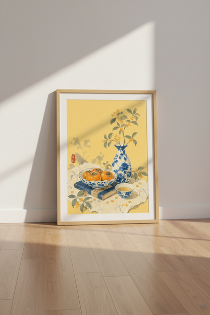 Persimmon Still Life | Japanese Watercolor Print, Blue &amp; White Porcelain Art