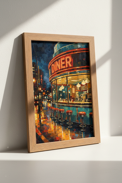 Retro Diner Night Scene Wall Art | Neon Urban Poster | Mid Century Decor