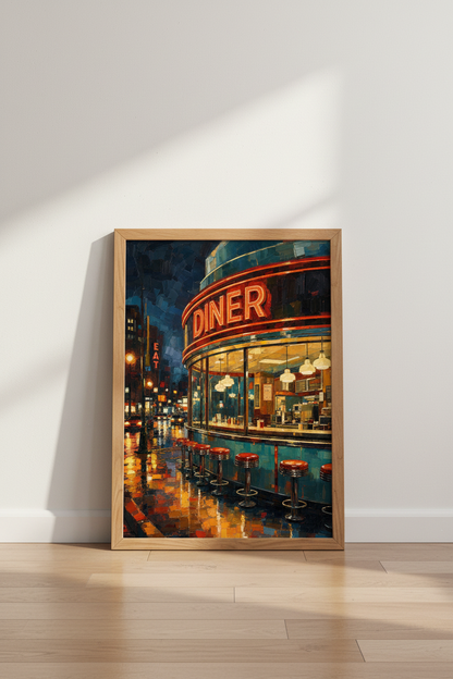 Retro Diner Night Scene Wall Art | Neon Urban Poster | Mid Century Decor