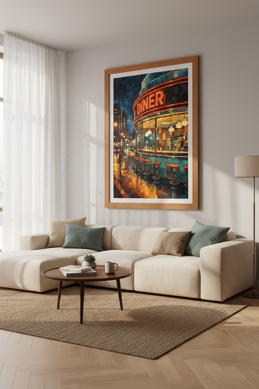 Retro Diner Night Scene Wall Art | Neon Urban Poster | Mid Century Decor