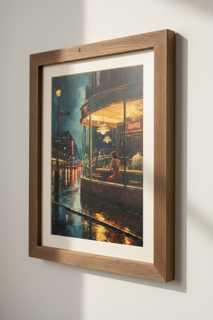 Night City Cafe Art Print | Moody Urban Coffee Shop Poster | Realistic Rain Decor