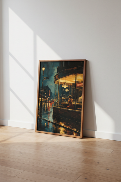 Night City Cafe Art Print | Moody Urban Coffee Shop Poster | Realistic Rain Decor