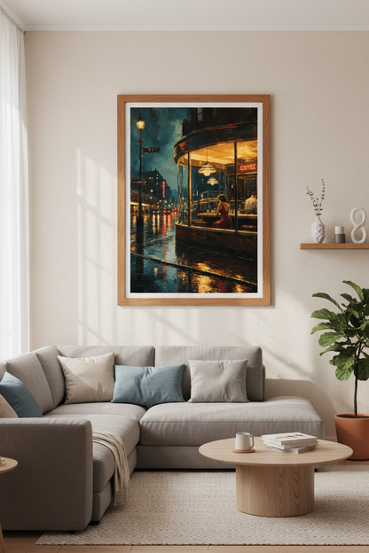 Night City Cafe Art Print | Moody Urban Coffee Shop Poster | Realistic Rain Decor