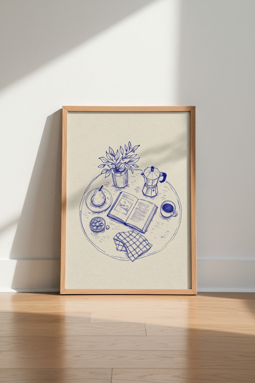 Still Life Coffee &amp; Book Sketch | Blue Ink Minimalist Print, Kitchen &amp; Cafe Decor