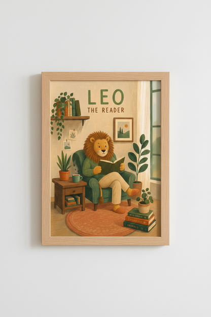 Lion Nursery Wall Art | Whimsical Animal Reading Poster, Sage Green Library Decor