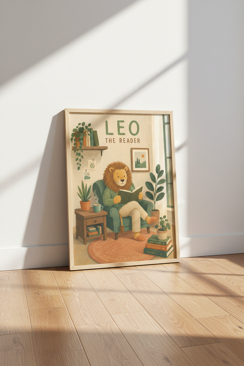 Lion Nursery Wall Art | Whimsical Animal Reading Poster, Sage Green Library Decor