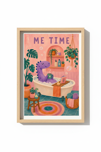 Pink Bathroom Wall Art | Whimsical Dinosaur Self Care Poster | Pastel Boho Decor
