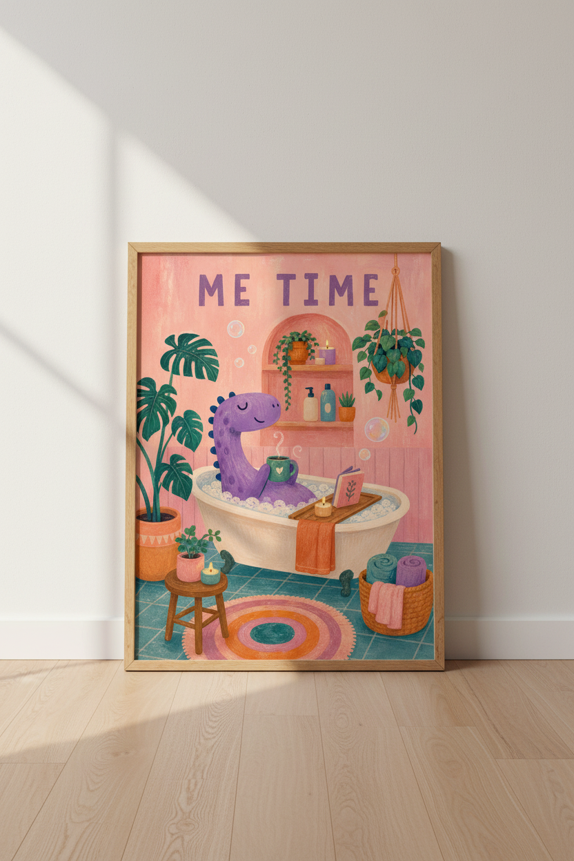 Pink Bathroom Wall Art | Whimsical Dinosaur Self Care Poster | Pastel Boho Decor