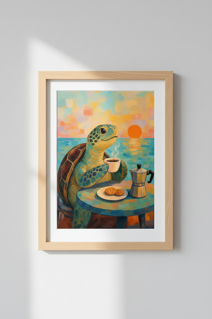 Sea Turtle Art Print | Whimsical Animal Coffee Poster, Coastal Kitchen Wall Decor