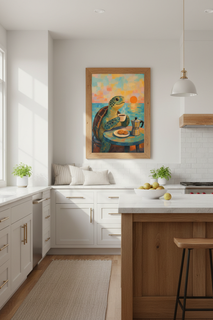 Sea Turtle Art Print | Whimsical Animal Coffee Poster, Coastal Kitchen Wall Decor