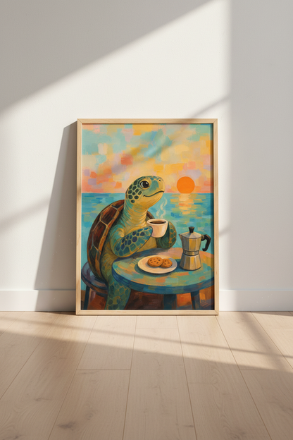 Sea Turtle Art Print | Whimsical Animal Coffee Poster, Coastal Kitchen Wall Decor