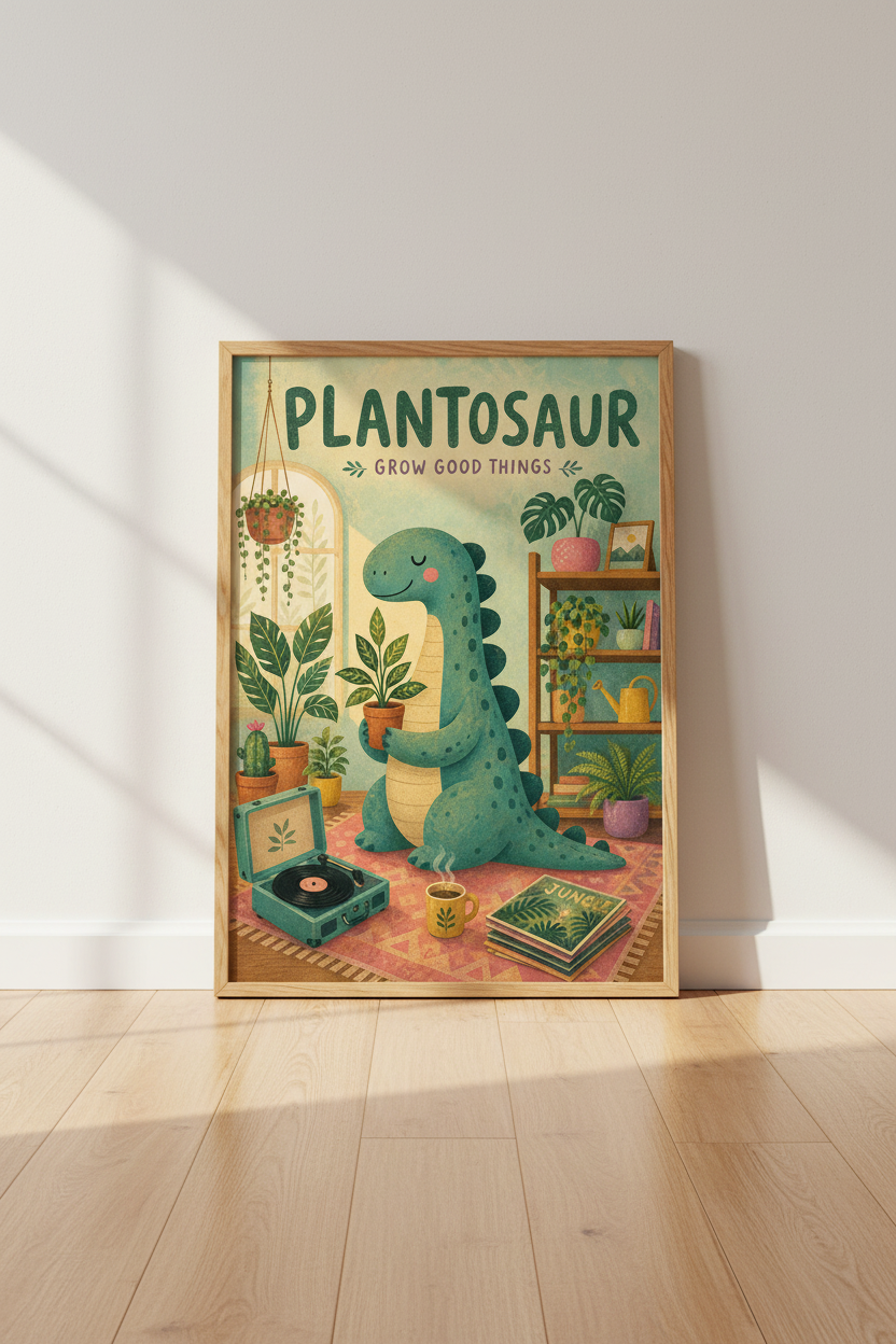 Dinosaur Nursery Decor | Cute Plantosaur Wall Art Print, Sage Green Kids Room Poster