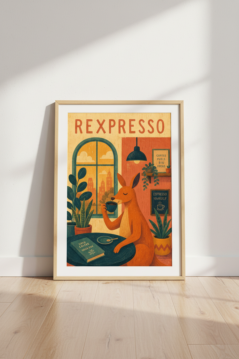 Kangaroo Coffee Wall Art | Whimsical Animal Cafe Poster, Vibrant Kitchen Decor