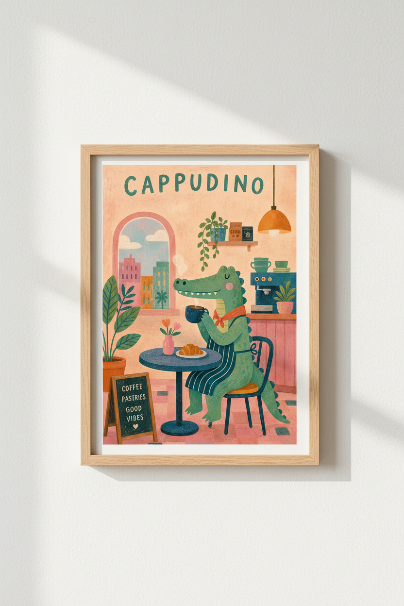 Whimsical Cafe Wall Art | Crocodile Coffee Shop Poster, Kitchen &amp; Dining Decor