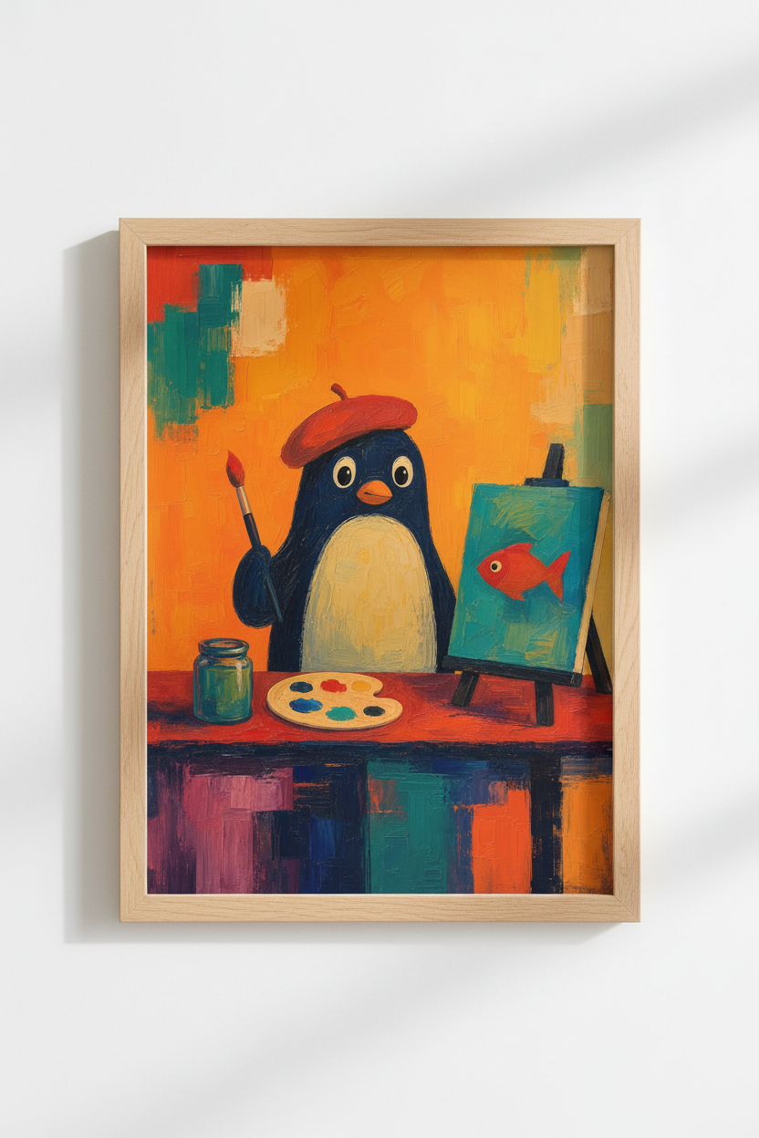 Whimsical Penguin Art | Artist Penguin Poster | Nursery &amp; Playroom Decor