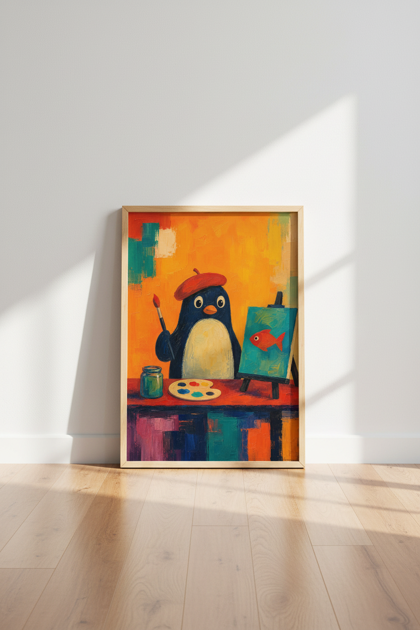 Whimsical Penguin Art | Artist Penguin Poster | Nursery &amp; Playroom Decor