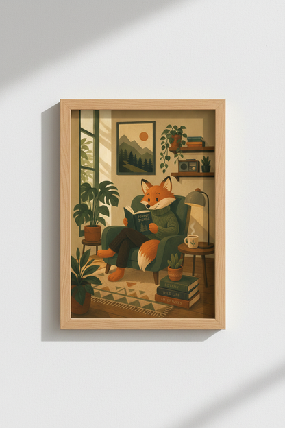 Whimsical Fox Wall Art Print | Cozy Animal Poster, Reading Nook Decor
