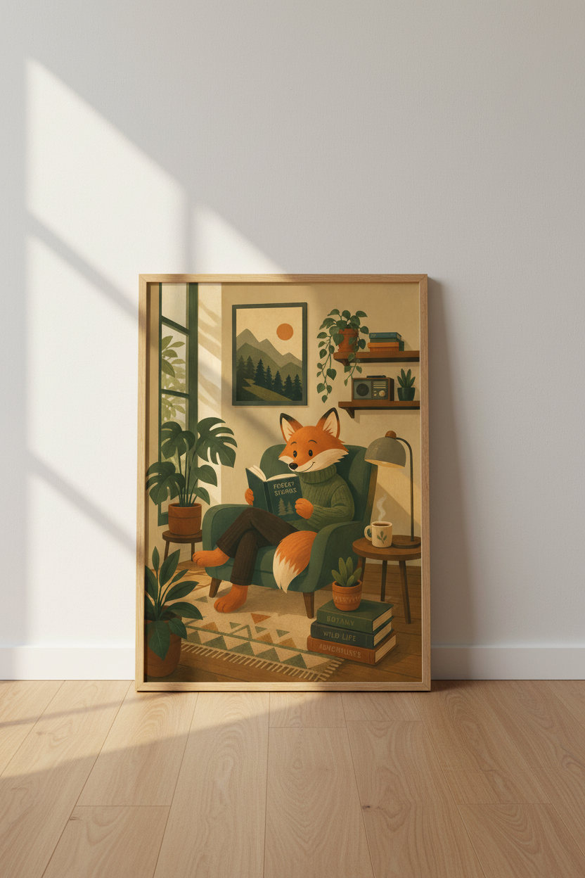 Whimsical Fox Wall Art Print | Cozy Animal Poster, Reading Nook Decor