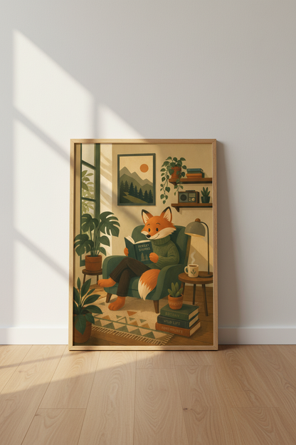Whimsical Fox Wall Art Print | Cozy Animal Poster, Reading Nook Decor