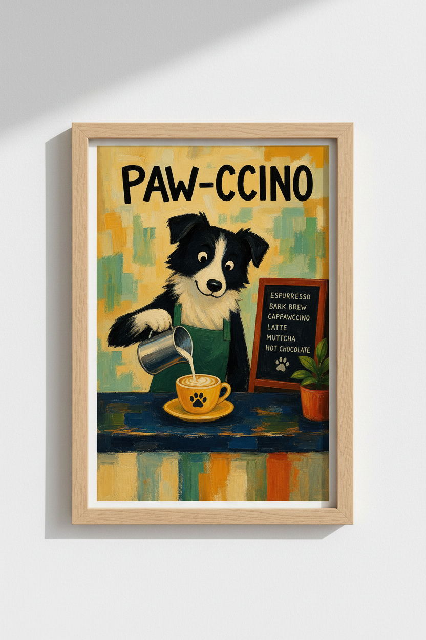 Funny Coffee Wall Art | Border Collie Dog Barista Poster, Cute Kitchen Decor