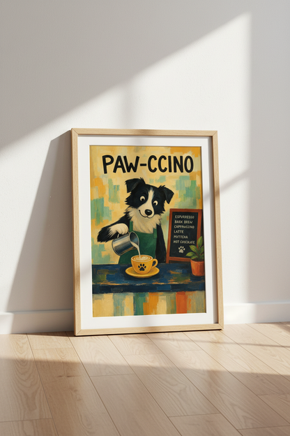 Funny Coffee Wall Art | Border Collie Dog Barista Poster, Cute Kitchen Decor