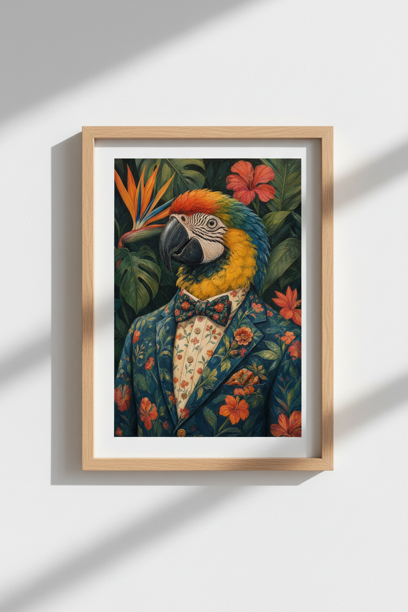 Tropical Parrot Wall Art Print | Whimsical Macaw in Suit, Maximalist Decor