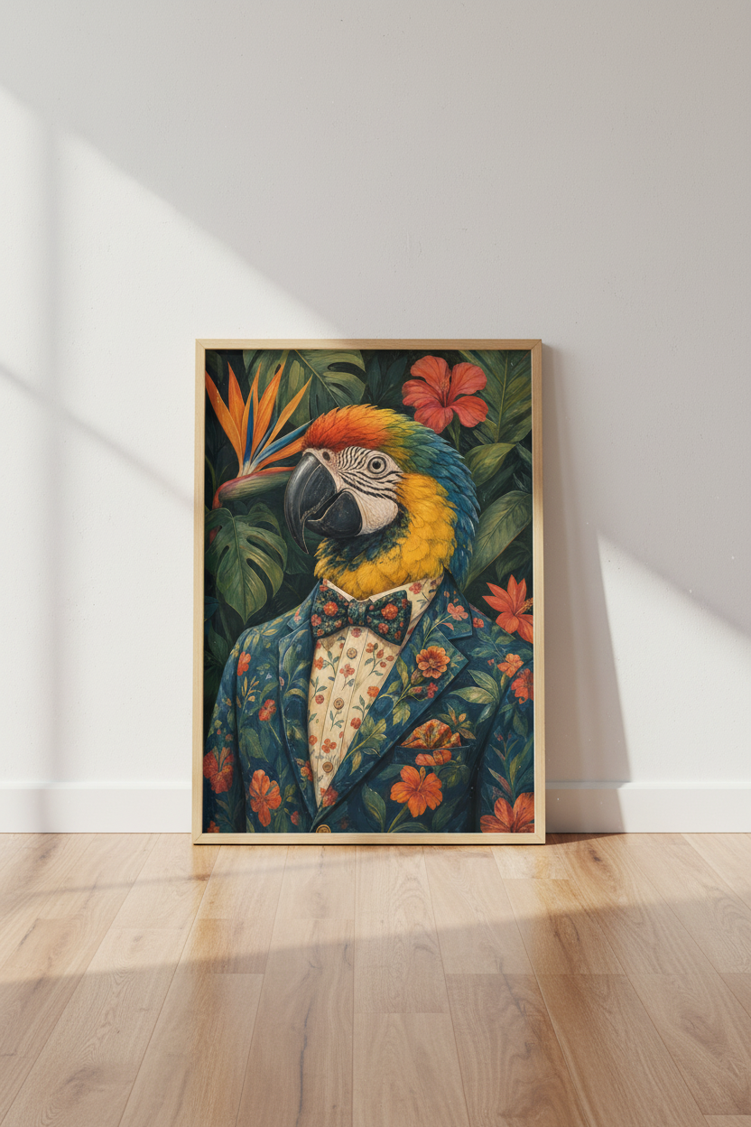 Tropical Parrot Wall Art Print | Whimsical Macaw in Suit, Maximalist Decor
