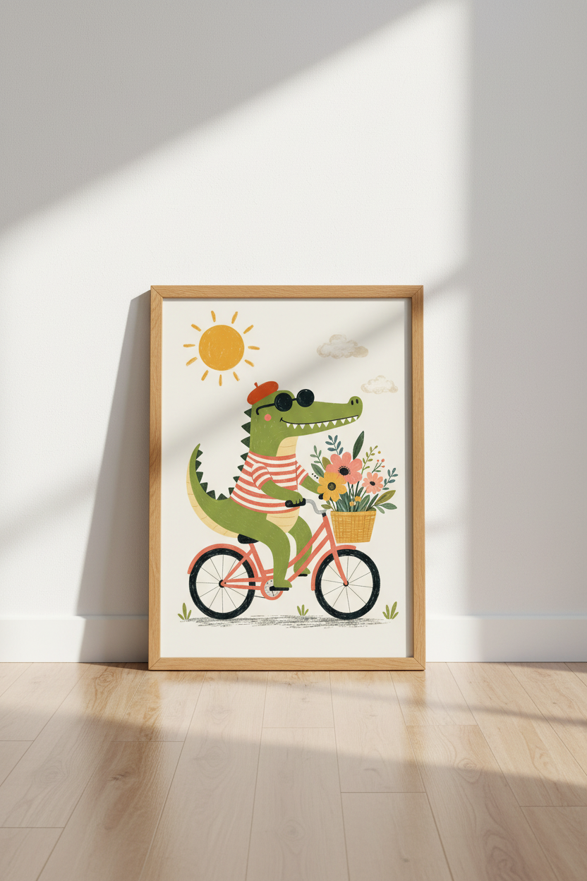 Cute Crocodile on Bicycle Wall Art Print | Nursery Decor | Whimsical Poster