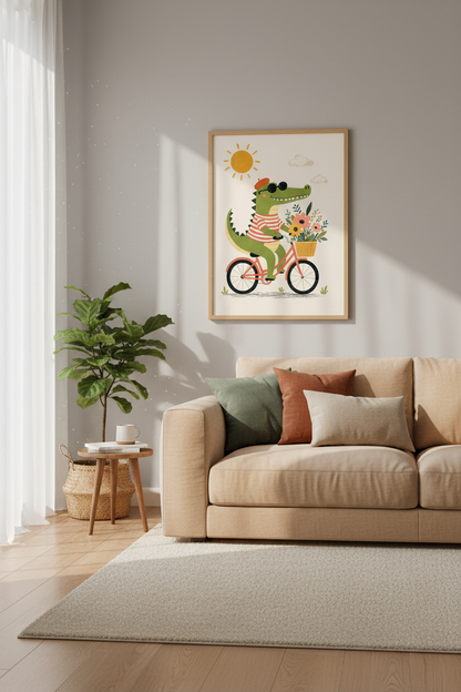 Cute Crocodile on Bicycle Wall Art Print | Nursery Decor | Whimsical Poster