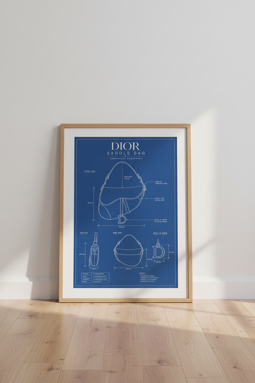 Fashion Designer Bag Blueprint Wall Art | Luxury Closet Decor | Navy Blue Aesthetic Poster