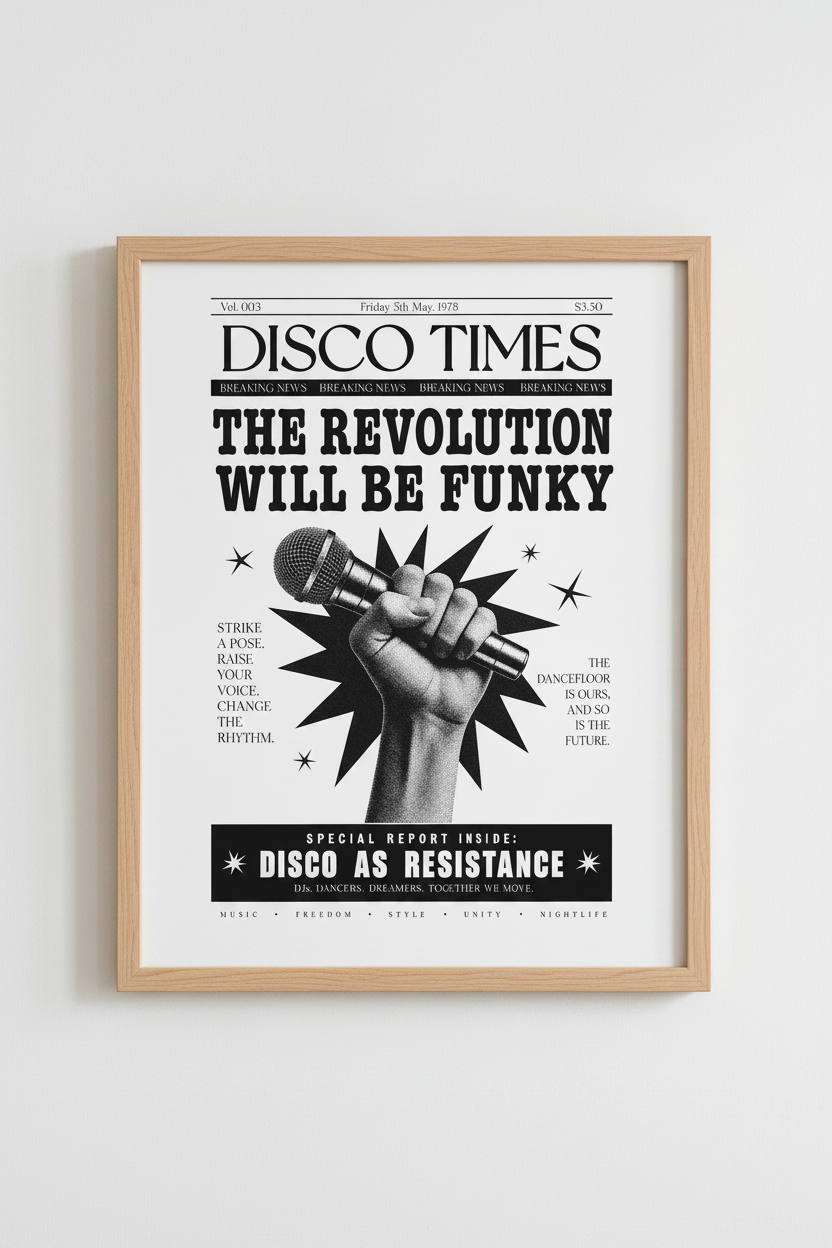 Retro Disco Times Newspaper Print | Black &amp; White Music Wall Art, Funky Room Decor