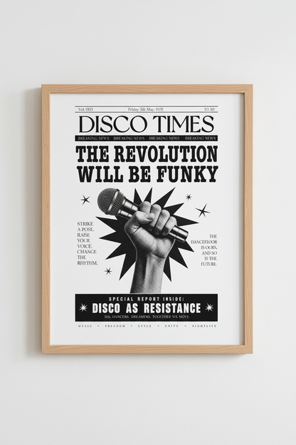 Retro Disco Times Newspaper Print | Black &amp; White Music Wall Art, Funky Room Decor
