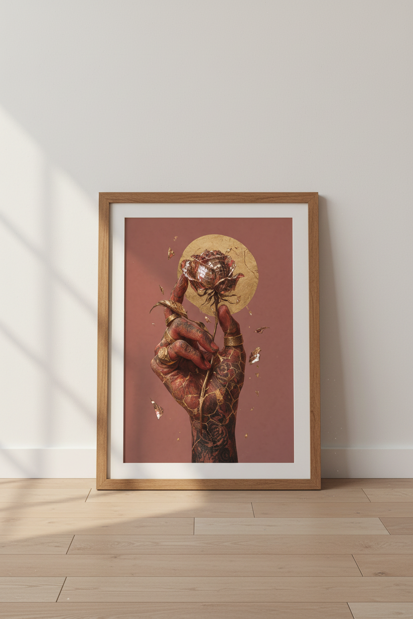 Gold Disco Ball Rose Wall Art | Surreal Tattooed Hand Poster, Moody Maximalist Decor