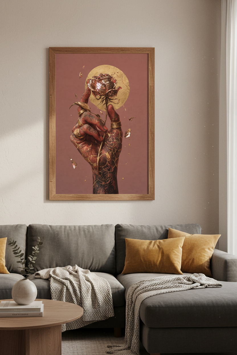 Gold Disco Ball Rose Wall Art | Surreal Tattooed Hand Poster, Moody Maximalist Decor
