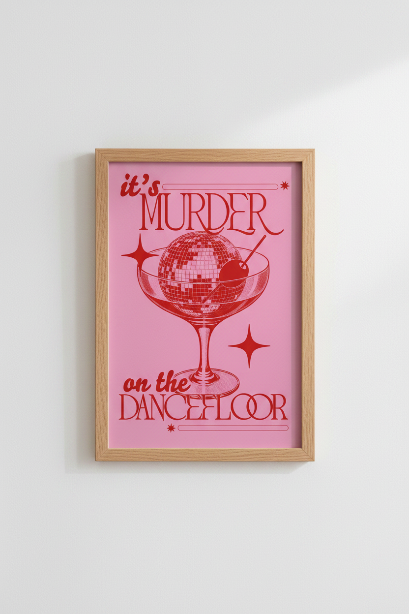 Disco Ball Martini Wall Art Print | Pink Retro Bar Decor | Funky Aesthetic Poster