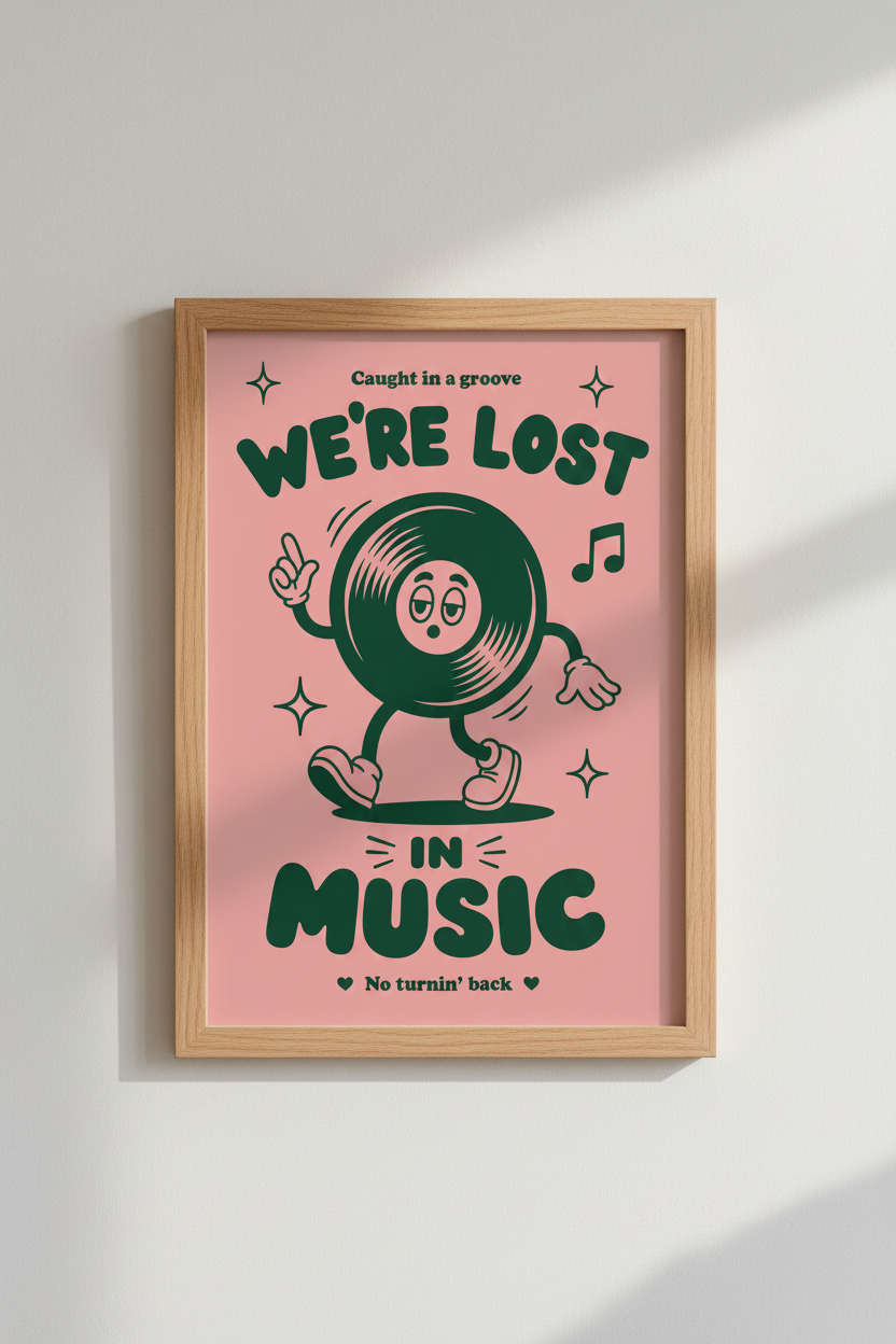Retro Vinyl Record Wall Art | Green &amp; Pink Music Poster | Groovy Dorm Decor