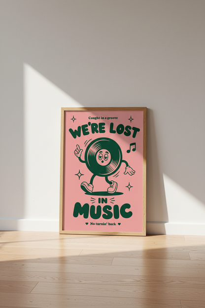 Retro Vinyl Record Wall Art | Green &amp; Pink Music Poster | Groovy Dorm Decor