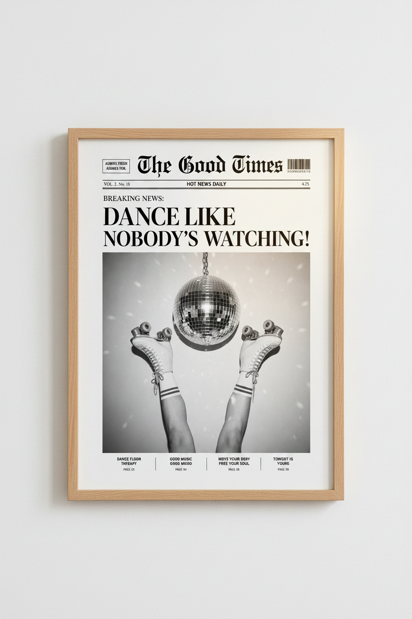 Newspaper Style Disco Wall Art Print | Black and White Retro Decor | Eclectic Poster