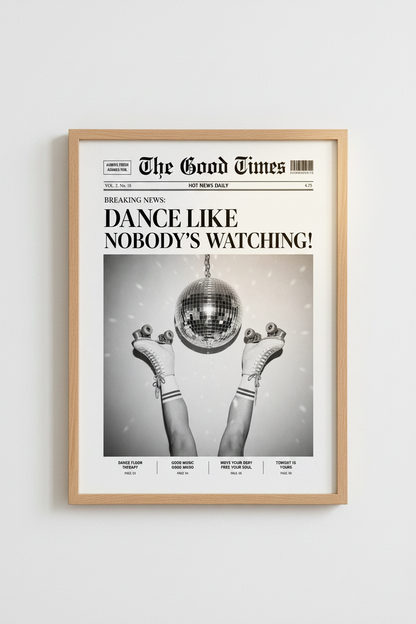 Newspaper Style Disco Wall Art Print | Black and White Retro Decor | Eclectic Poster