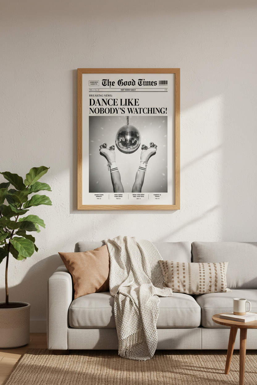 Newspaper Style Disco Wall Art Print | Black and White Retro Decor | Eclectic Poster