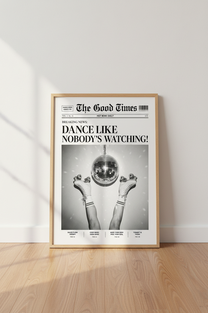 Newspaper Style Disco Wall Art Print | Black and White Retro Decor | Eclectic Poster