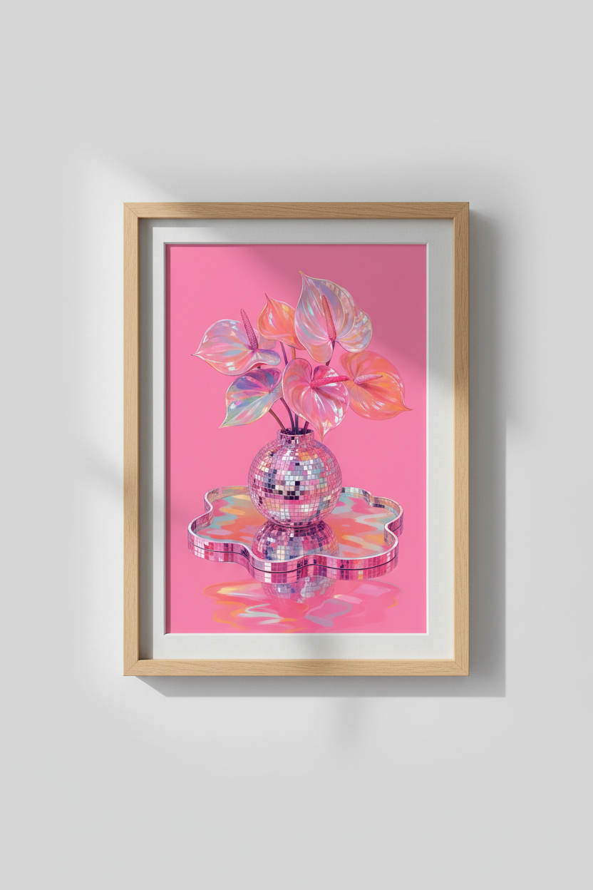 Pink Disco Ball Wall Art Print | Retro Floral Poster, Preppy Room Decor