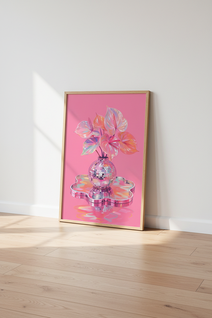Pink Disco Ball Wall Art Print | Retro Floral Poster, Preppy Room Decor