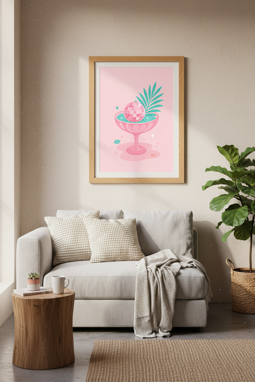 Pink Disco Ball Wall Art Print | Preppy Cocktail Poster | Retro Coastal Decor