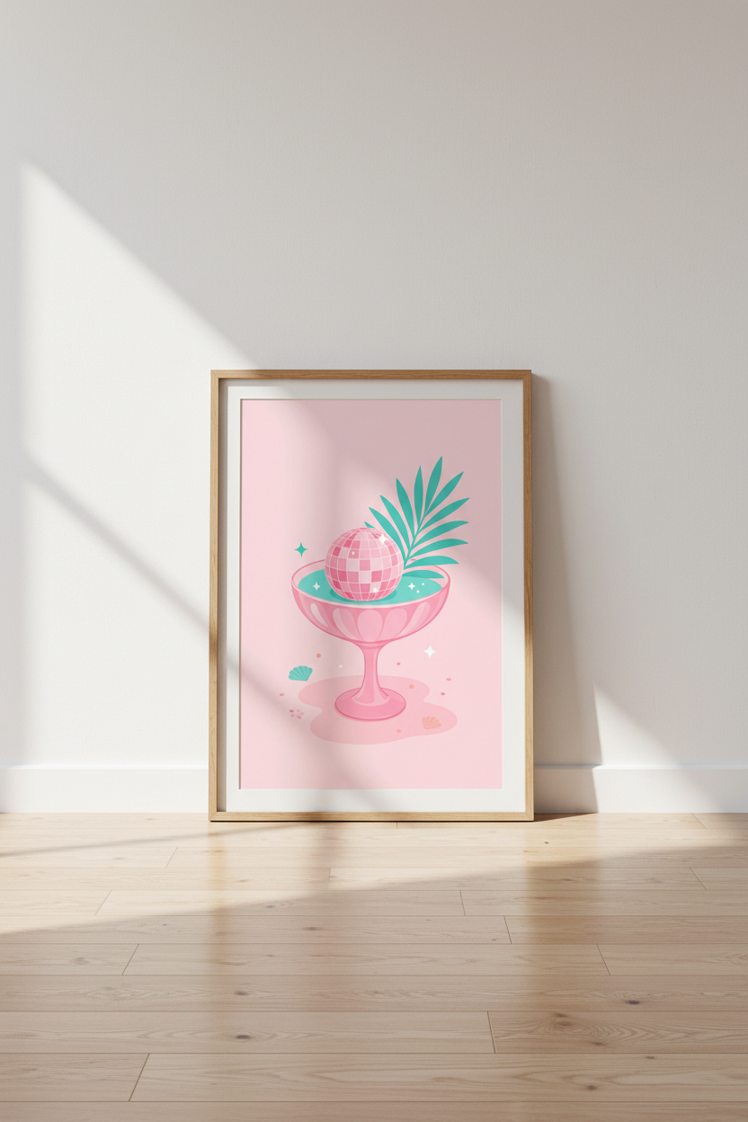 Pink Disco Ball Wall Art Print | Preppy Cocktail Poster | Retro Coastal Decor