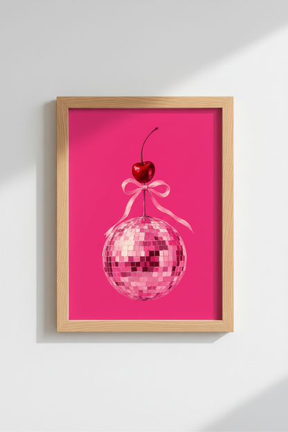 Pink Disco Ball Print | Cherry Bow Retro Poster, Girly Dorm Decor Aesthetic