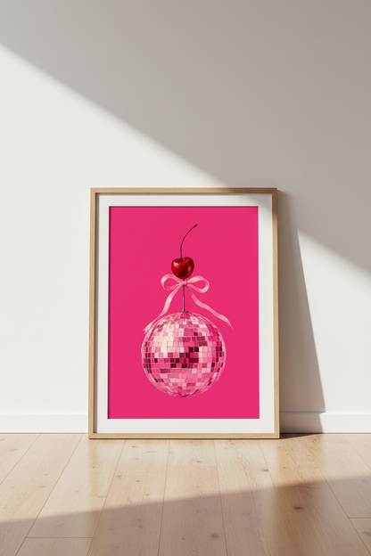 Pink Disco Ball Print | Cherry Bow Retro Poster, Girly Dorm Decor Aesthetic
