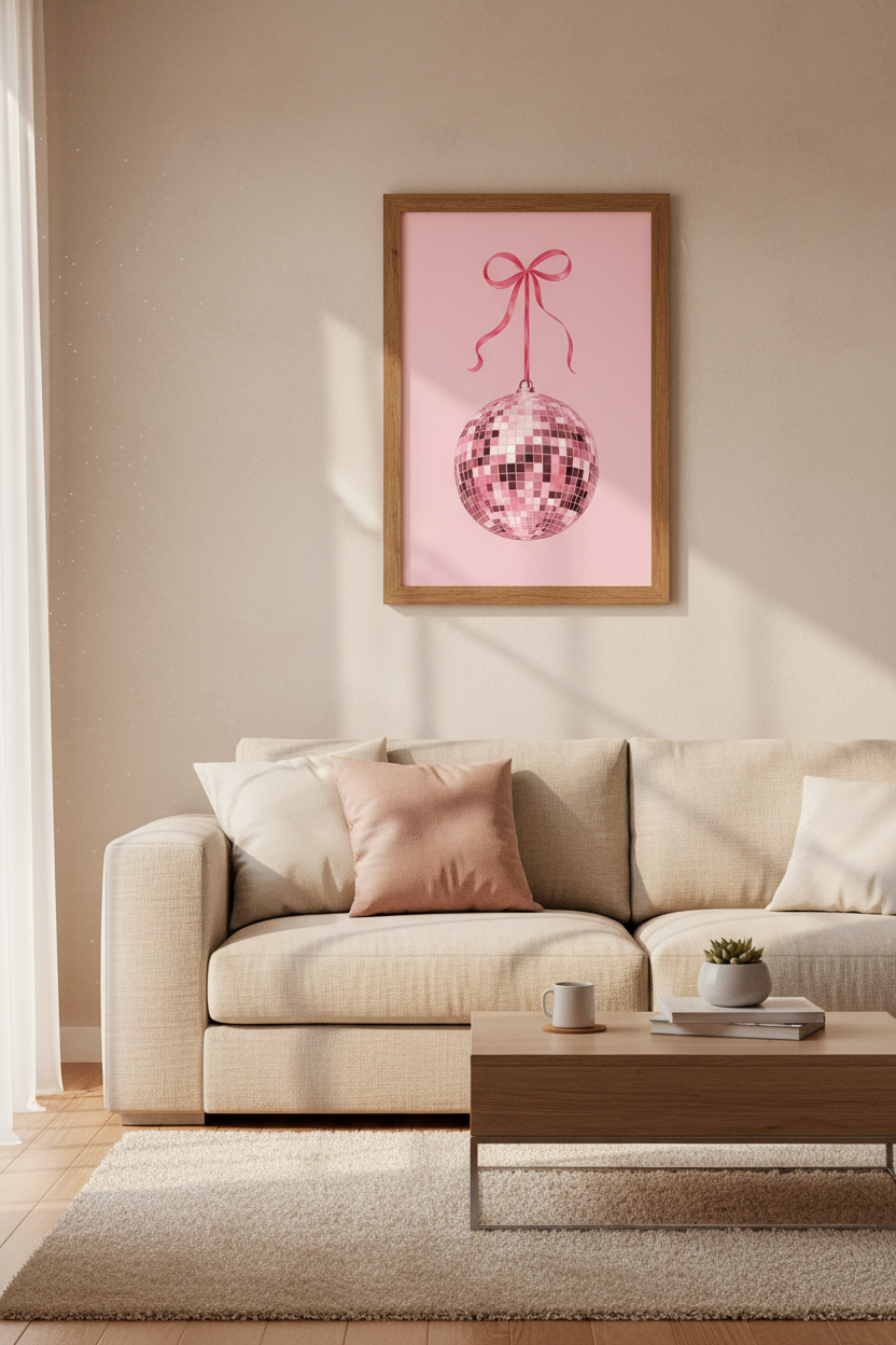 Pink Disco Ball Art Print | Coquette Pink Bow, Preppy Dorm Room Poster