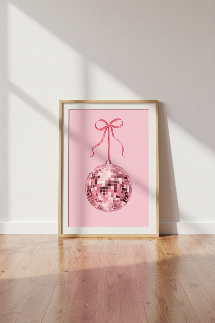Pink Disco Ball Art Print | Coquette Pink Bow, Preppy Dorm Room Poster